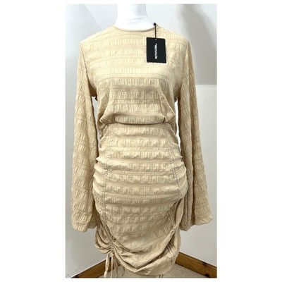 Pretty Little Thing Größe 10 figurbetontes Kleid Langarm steinbeige gerafft neu mit Etikett