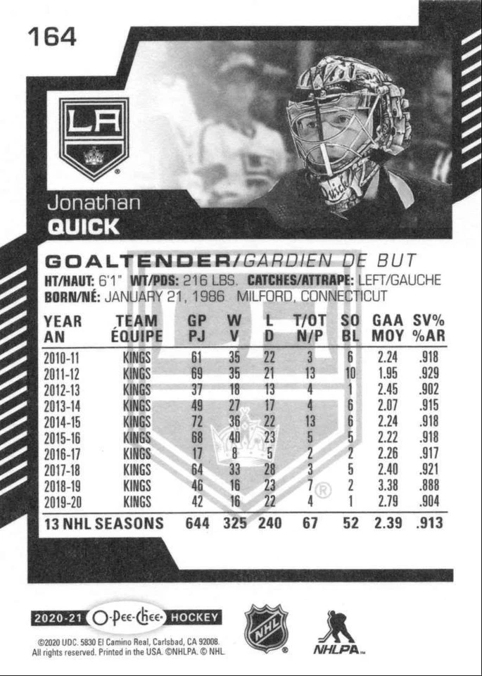 2020-21 O-Pee-Chee Jonathan Quick Los Angeles Kings #164 - Image 2 of 2