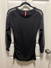 Ruby Ribbon | Black Viscose Stretch Jersey Long Sleeve Ruched Mesh Top Sz S