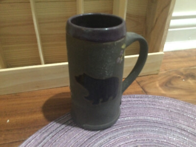 Boot Hill Pottery  shiny Bear Deep Purple on matte grey slender beer mug 6''X2.5
