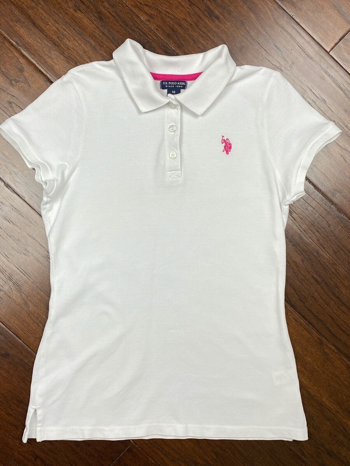 U.S.POLO ASSN. Girls White Pink Short Sleeve Polo Shirt Size M EUC