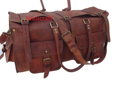  Men's Brown Leather Vintage Duffle 26''Gym Weekender Overnight Travel Bag 