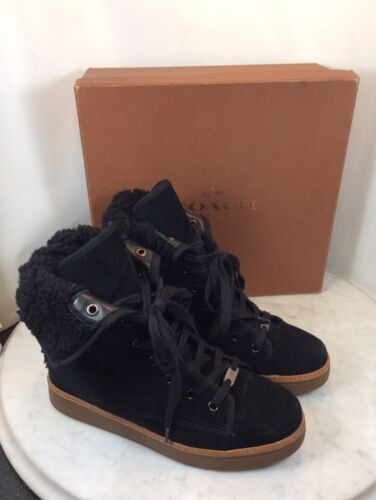 COACH Ramsey Black Suede Shearling Lace Up High Top Sneaker Boot Size 7.5M W/Box - Picture 1 of 12