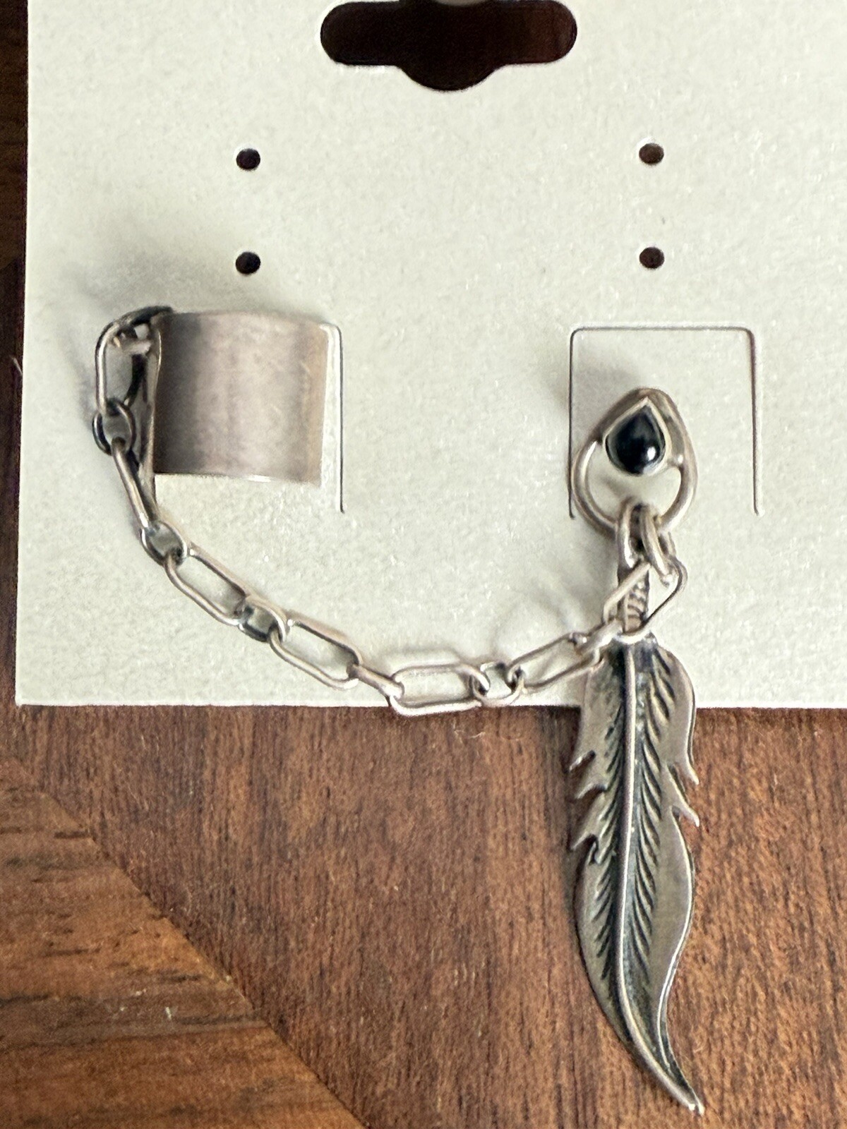 Earring Cuff Ornate Rocker Boho Silver Onyx Feath… - image 1