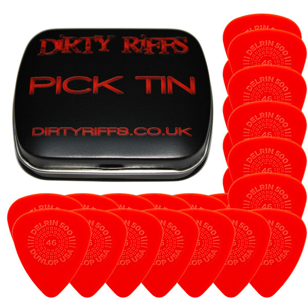 24 x Dunlop Delrin Prime Grip Guitar Picks / Plectrums 0.46mm Red In A Pick Tin