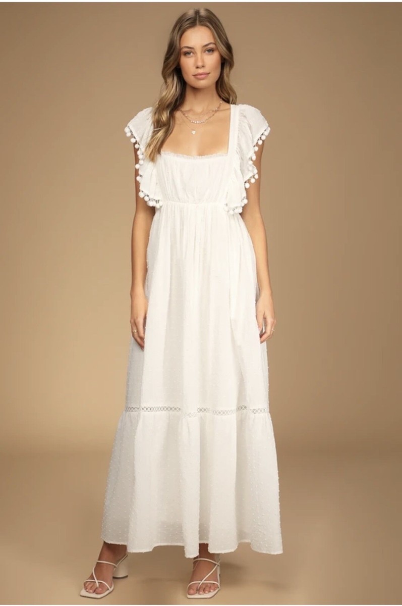 Lulus Chasing Summer White Swiss Dot Tie Back Maxi Dress XS NWT