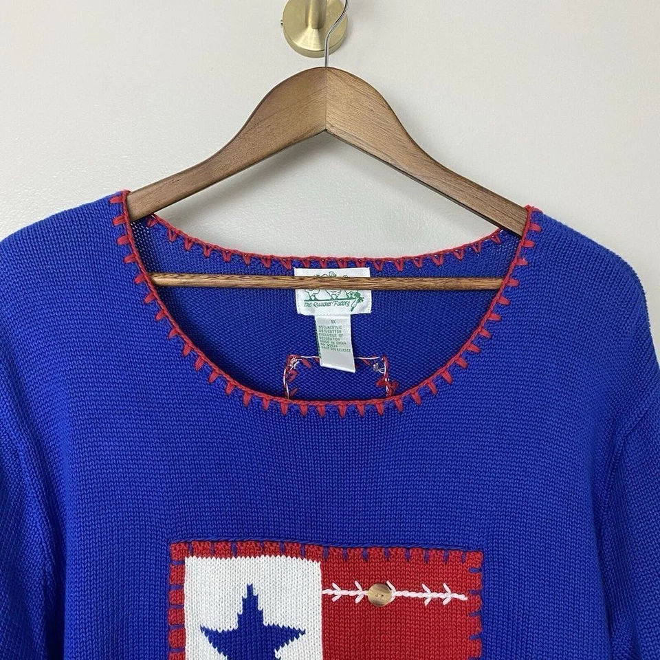 VINTAGE Quacker Factory Sweater Women 1X Plus Blue US American Flag Embroidered - Image 2 of 4