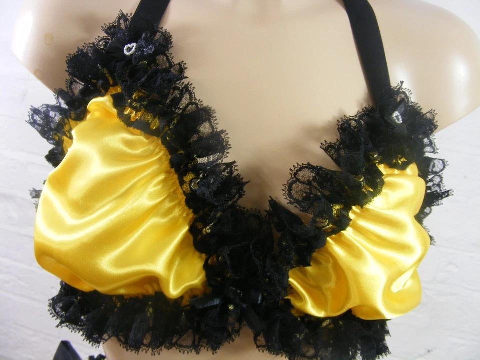 sissy AMARILLO satinado sujetador bragas conjunto ropa interior top lencería bragas HOMBRE O mujer Foto 3 de 4