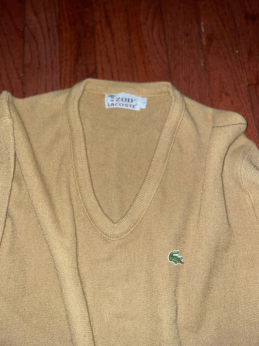 Vintage Izod Lacoste Beige Brown Long Sleeve Pullover Sweater V Neck Large