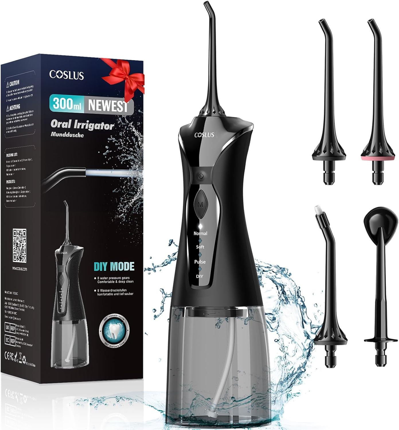 COSLUS Water Dental Flosser Pick for Teeth: 4 Modes Cordless Portable 300ML Larg