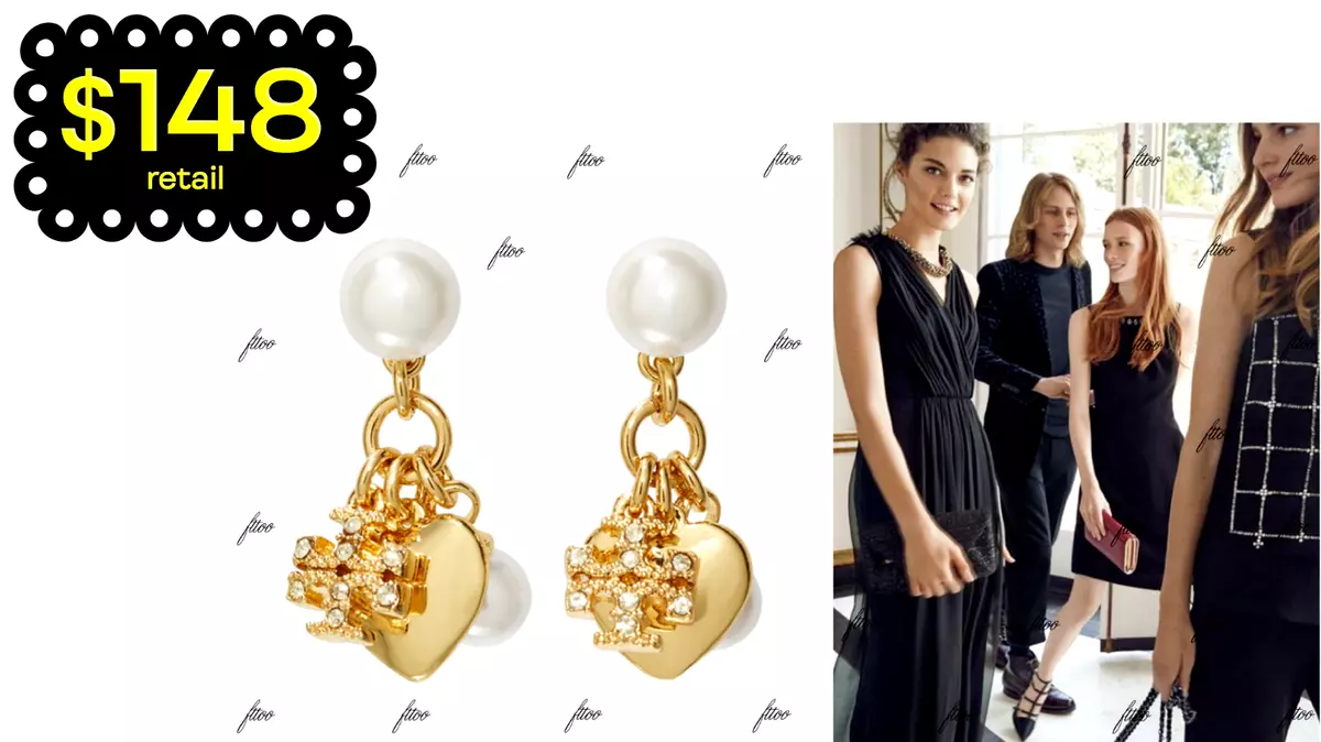 BOUCLES D OREILLES CHARME TORY BURCH KIRA COEUR PERLE GOUTTE CRISTAL T LOGO KIA
