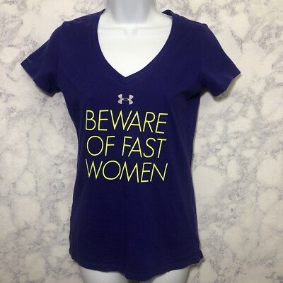 Under Armour Womens Running T Shirt Beware of Fast Women XS Heat Gear  Purple