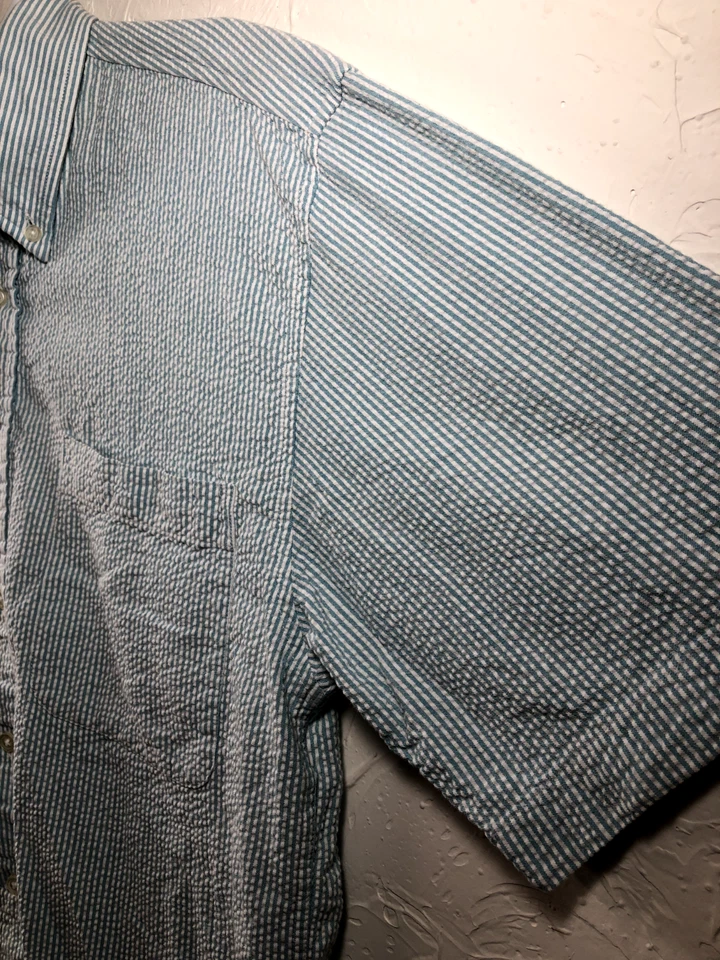 Chesterfield 男式中号蓝色白色条纹泡泡纱衬衫短袖 — 第 4/4 张图片