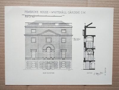 Main Elevation of Pembroke House, Westminster, London - Antique Print - 1930