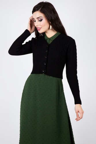 Mabel Cropped Retro Vintage Style Cardigan in Black - Picture 2 of 5