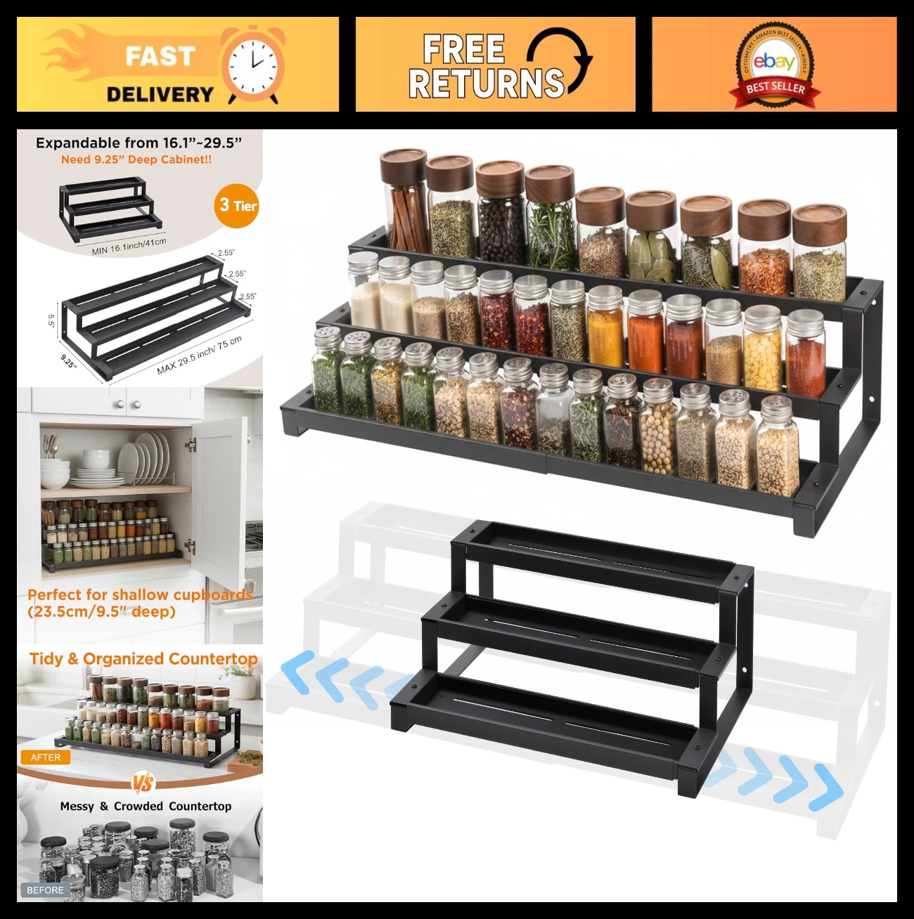Expandable 3-Tier Spice Rack Organizer for Kitchen Cabinet or Pantry, Metal Shel