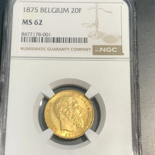 Belgium - 1875 Leopold II 20 Francs - NGC MS62- GORGEOUS PRISTINE GEM!