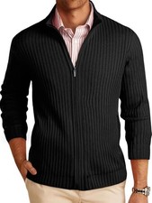 Mens Full Zip Cardigan Sweater Casual Mock Neck Ribbed Knitted XX-Large Black