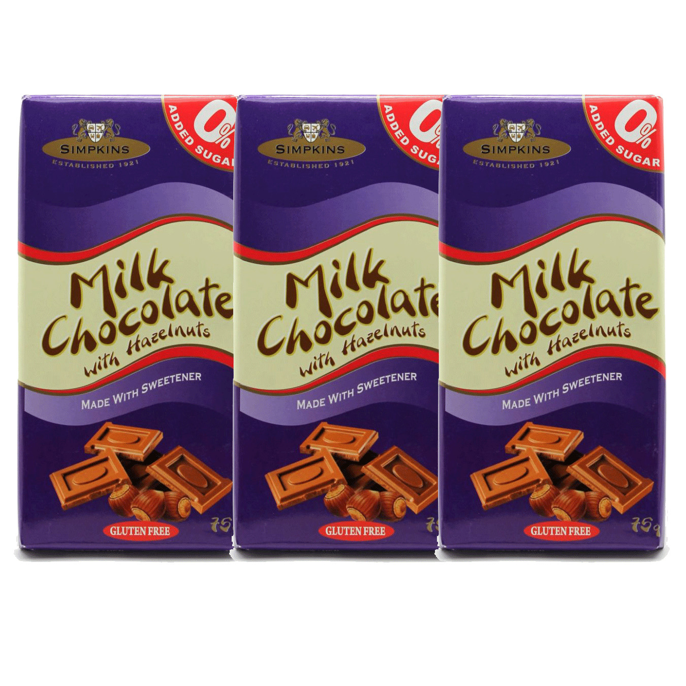 Simpkins No Added Sugar Milk Chocolate with Hazelnuts 3 x 75g