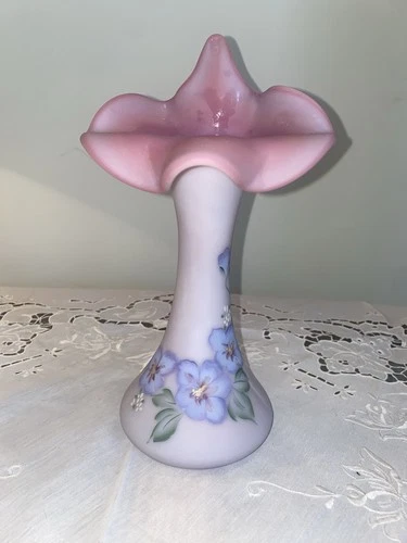 Fenton Burmese Hand Painted Hibiscus Jack in Pulpit Vase Signed 10.5” Tall