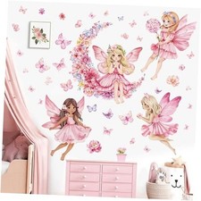 Pink Girls Wall Decals Flower Moon Butterfly Wall Stickers Girls Bedroom Fairy