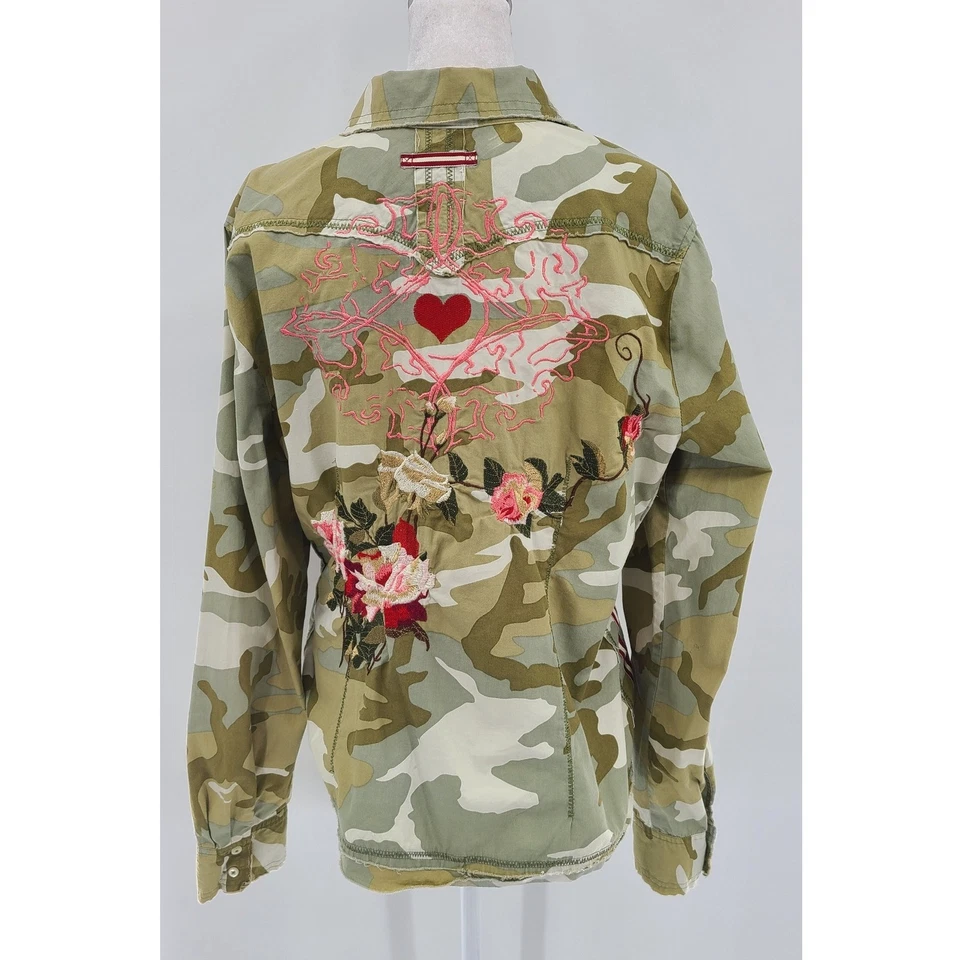 Johnny Was 3J Embroidered Women Shirt Size L Camouflage Floral Military Grunge - Image 2 of 4
