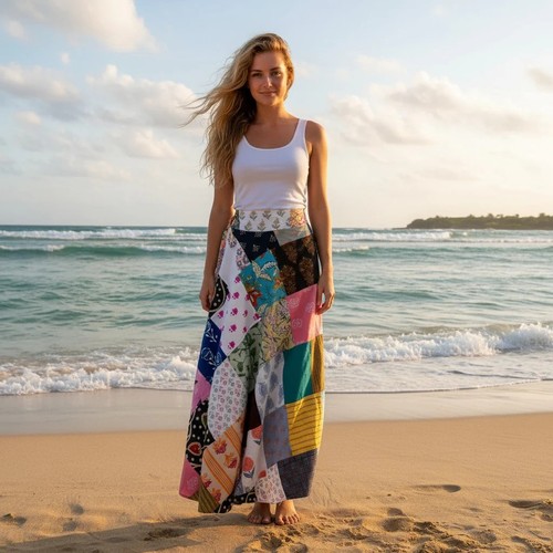 Boho Patchwork Maxi Skirt Colorful Mixed Print Cotton Flowy Beach Skirt One Size