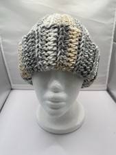 Handmade Crochet Beanie Hat Gray/Tan/White Colors Acrylic Yarn, Adult Size