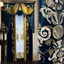 luxury French European embroidery valance blue cloth velvet curtain tulle M1816