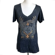 Affliction Womens Rhinestone Lace Wings Short Sleeve T-shirt Sz Large Black
