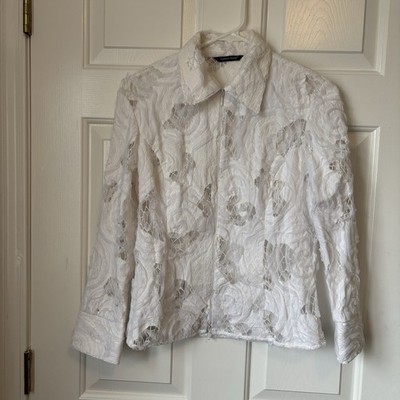Samuel Dong White Sheer Lace Jacket Size S Textured Ribbon Full Zipper Abstract