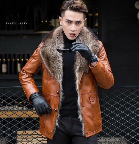 Men's Real Fur Collar Leather Jacket 