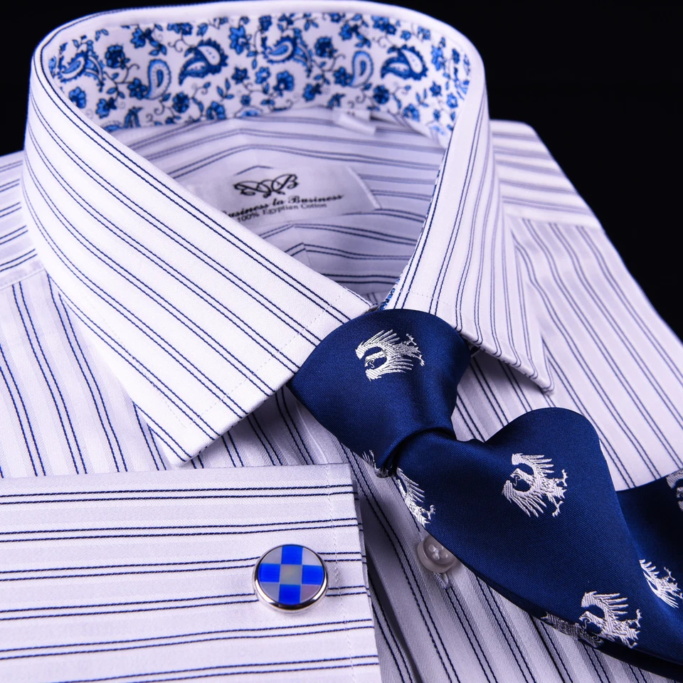 Синий двойной полоски официальный бизнес платье рубашка пейсли цветочный дизайнер моды GQ - Изображение 3 из 4