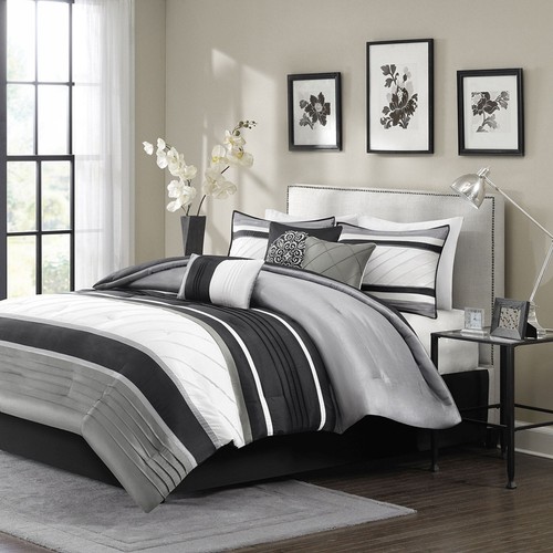 Madison Park 7 Piece Faux Silk Pieced Elegant Comforter Set Queen King Size Bed - Picture 8 of 20