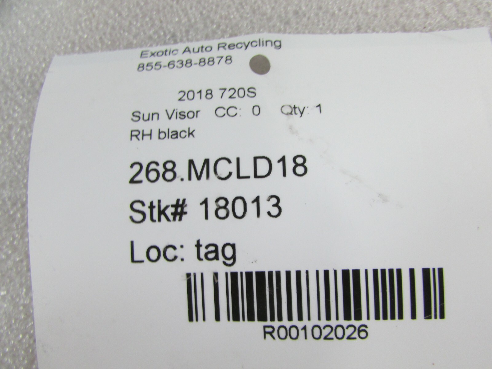 McLaren 720S, RH, Right Black Sun Visor, Used 