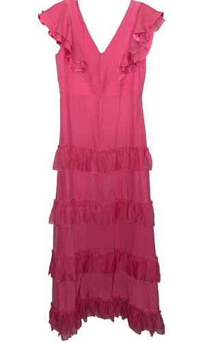 Abito donna Figue Frida seta taglia 10 nuovo con etichetta made in USA maxi rosa arricciato scollo a V - Foto 2 di 11