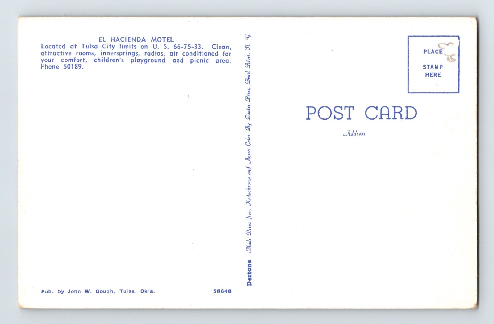 Postcard Oklahoma Tulsa OK El Hacienda Motel Route 66 1960s Unposted