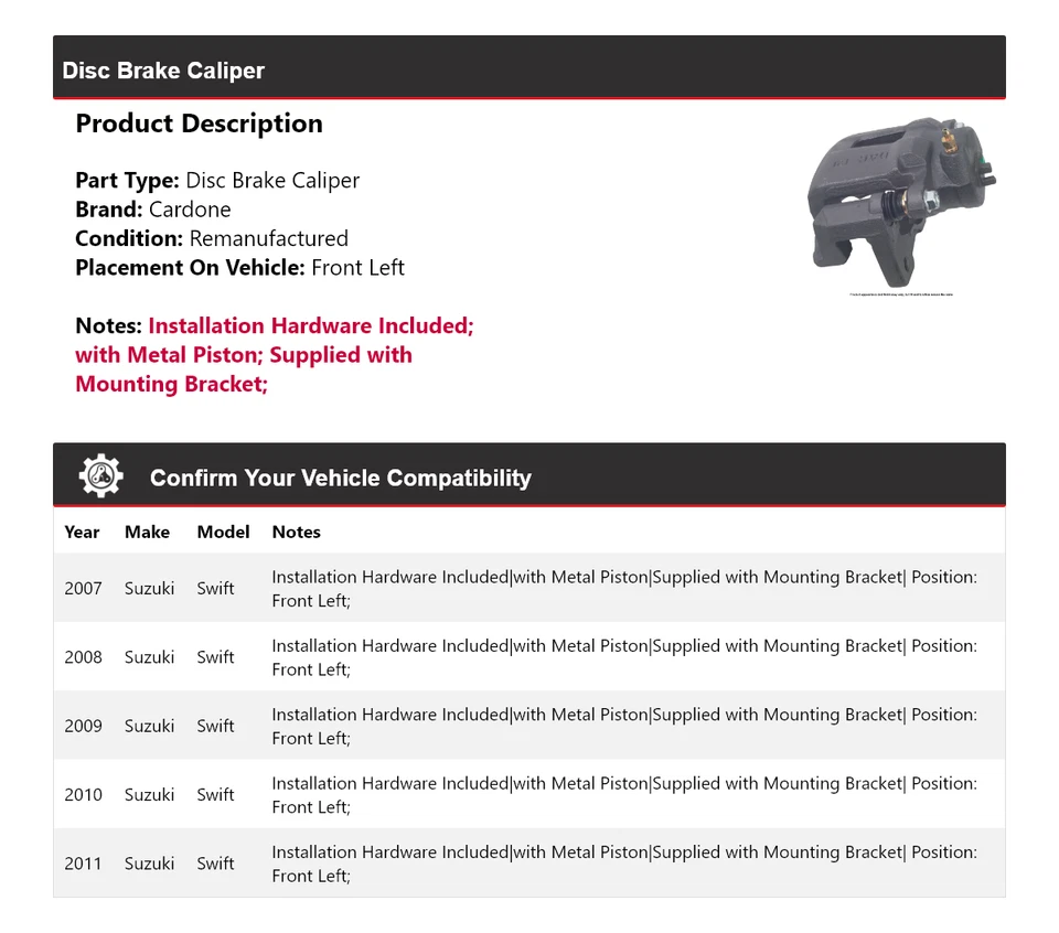 Pinza de freno de disco delantera izquierda cardone 2008 2009 2010 para Suzuki Swift 2007-2011 Foto 2 de 4