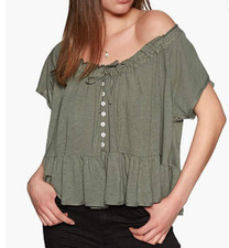 FREE PEOPLE Charlie Tee Off Shoulder Green Ruffled Cropped Tee Shirt Top SMALL