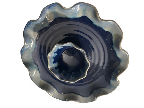 Tumbleweed Pottery Wave Chip & Dip 8” Indiv Plate 3” Bowl Cobalt Stoneware USA - Picture 12 of 12