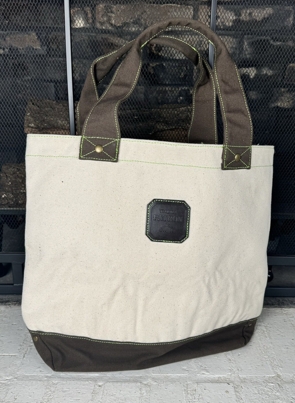 Patron Tequila Canvas Tote Bag Cream And Dark Brown Bright Green Inside Lining