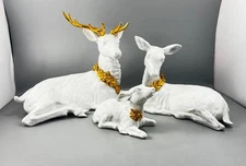 White Porcelain 3-Piece Deer Family Gold Trim Christmas Decor Figures READ DISC