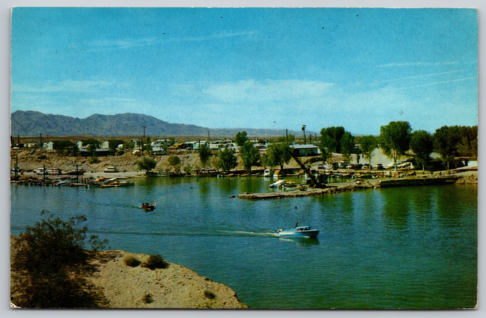Boating at Havasu Landing CA - Campers and Cabins in Background - Postcard