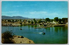 Boating at Havasu Landing CA - Campers and Cabins in Background - Postcard