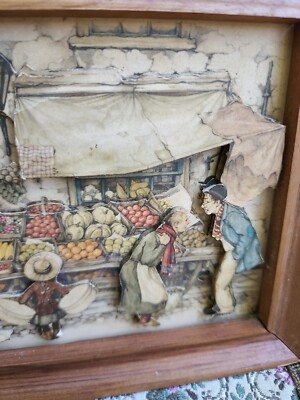 ANTON PIECK アート作品 日常生活の風景　シャドウボックス 1968 Anton Pieck 3D Shadow Box Art Wall Hanging Fruit Market Store