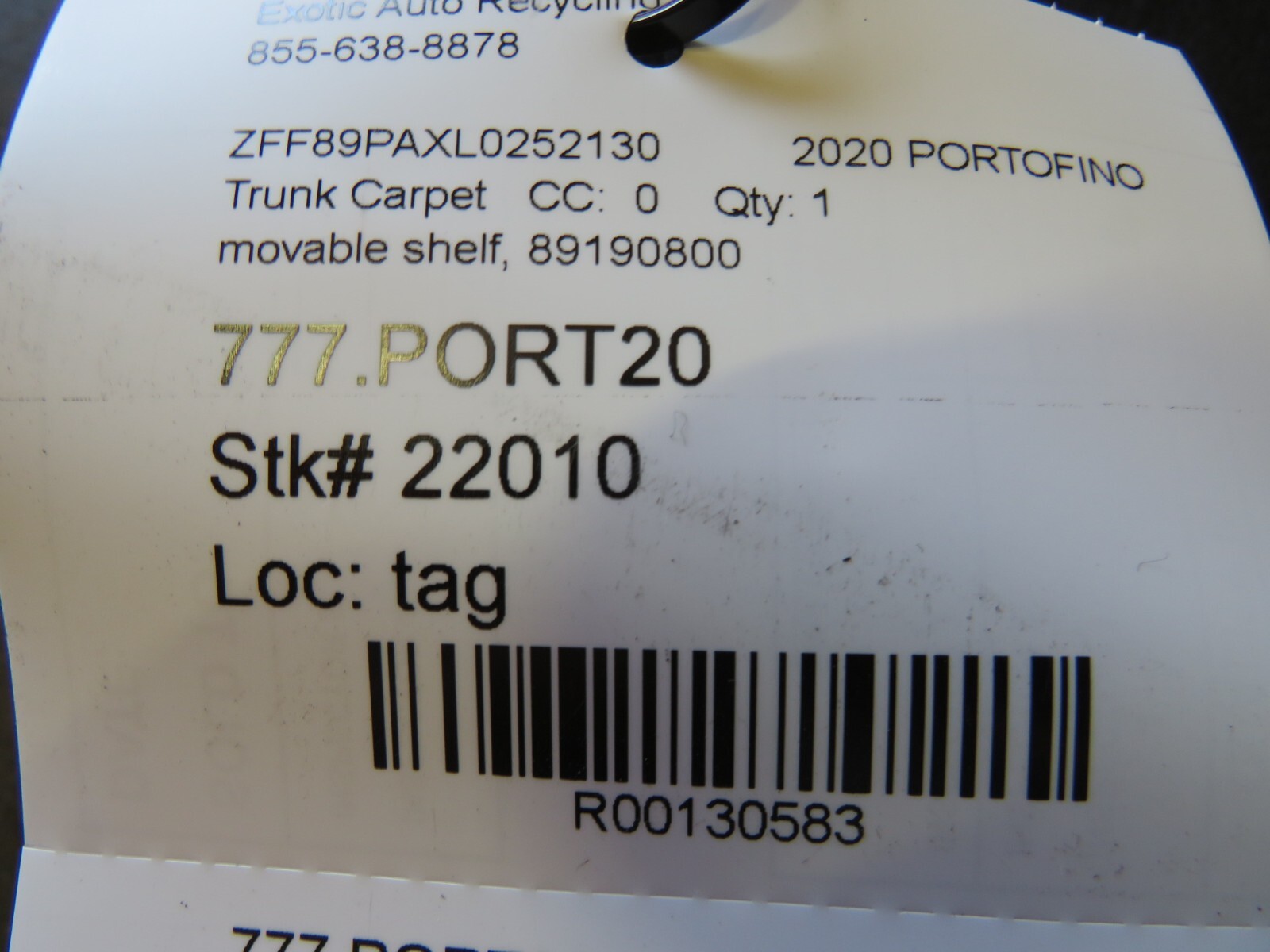 Ferrari Portofino, Movable Shelf Carpet, Used, P/N 89190800