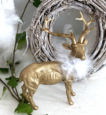 Figur Hirsch Gold mit Federkragen,  Tischdeko Herbst Weihnachten, H: 16 cm