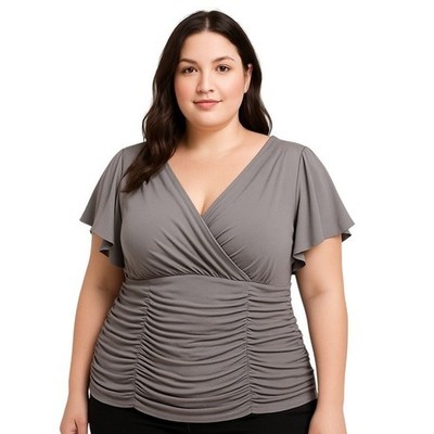 Alfred Angelo Blouse Grey Ruched Flutter Sleeve V-Neck Cocktail Evening Chic