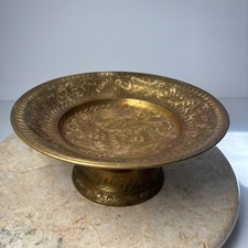 Brass Pedestal Bowl Plate Gold Etched Floral ...