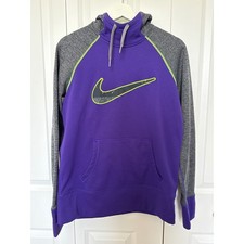 Nike Mens Therma-FIT Hoodie Purple Grey Neon Lime Swoosh Pullover Medium